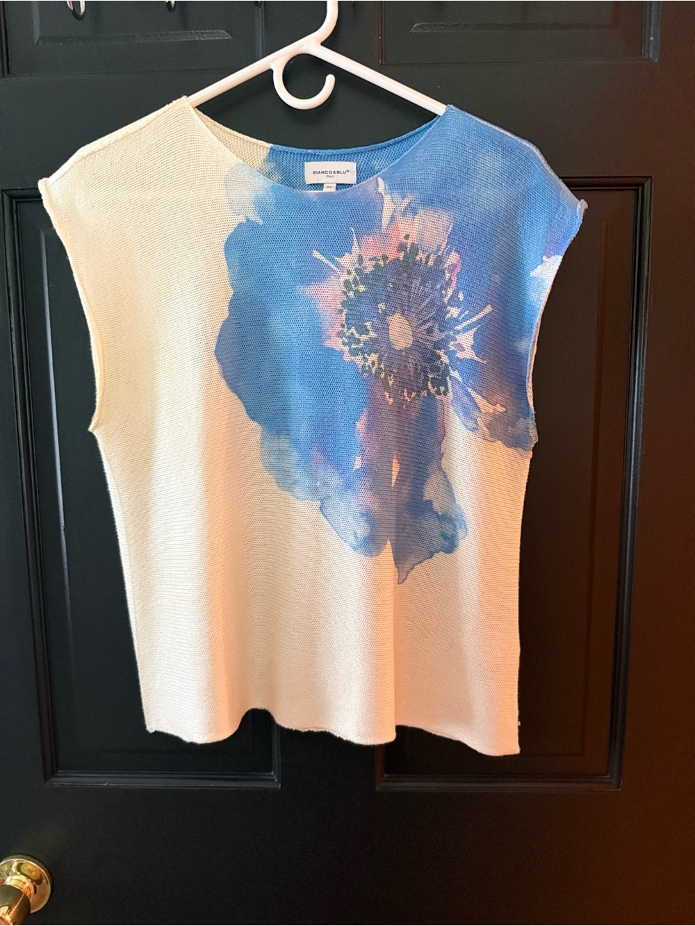 Sandro white Knit Tank with Large Blue Floral Print